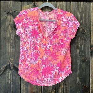 Lilly Pulitzer Linen Top S Cheeky Melon Rule Breakers Pocket Notch Split Neck